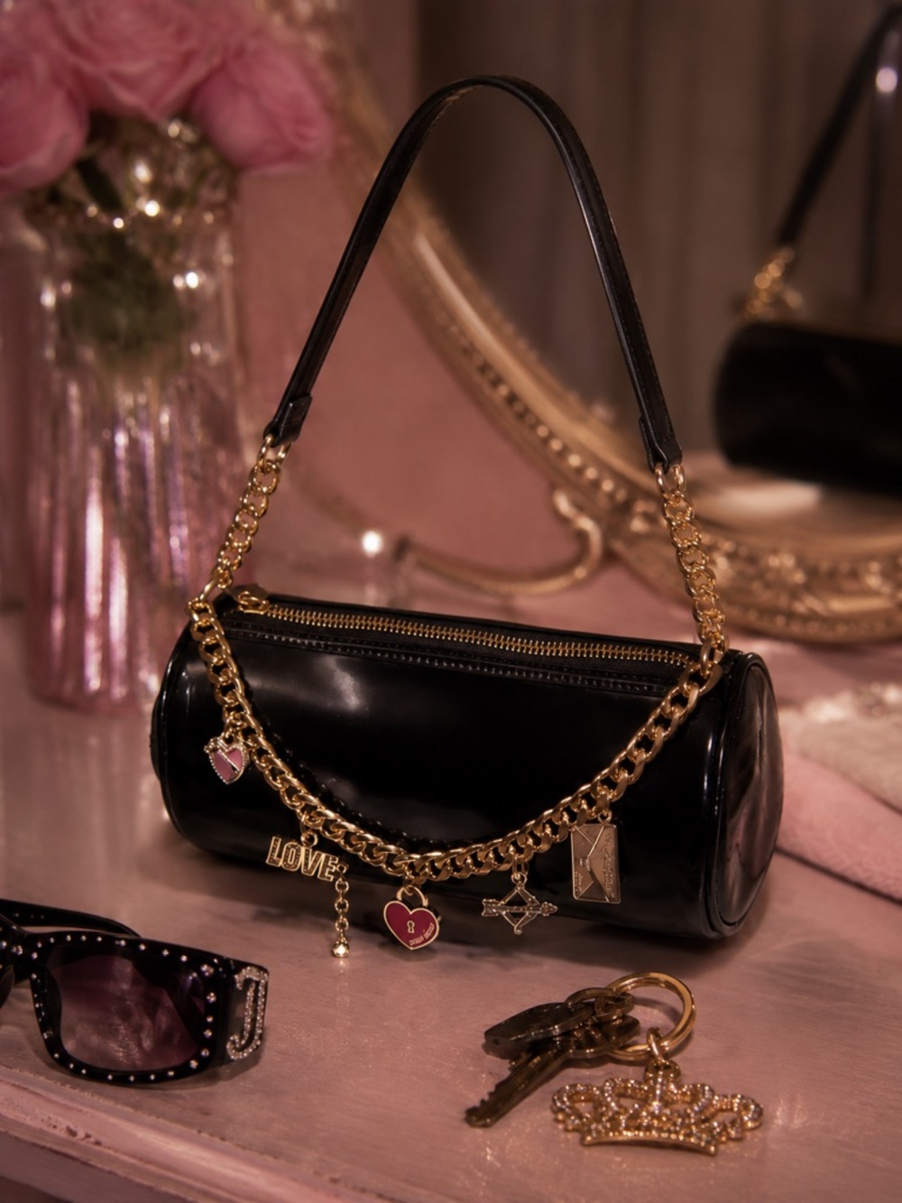 Juicy Couture Exclusive Love Comes Softy Black Patent Barrel Bag with Gold Chain